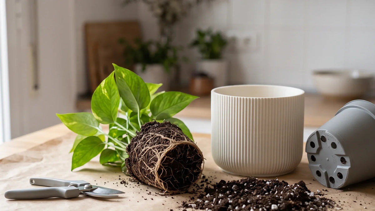 Macetero estriado de PLA mate vacío sobre papel kraft junto a un potos con cepellón y tierra para trasplantar