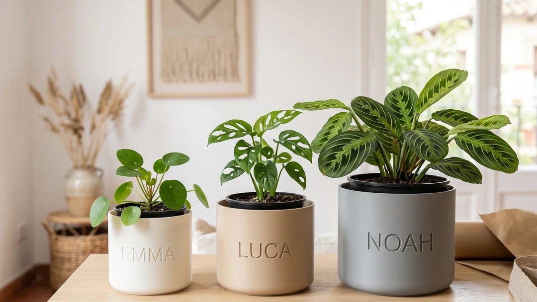 Tres maceteros lisos de PLA mate en marfil, beige y gris con banda personalizable sobre una consola de roble claro