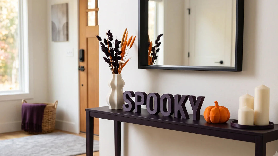 Decoración de Halloween de PLA mate en puerta, mesa y rincones de una casa