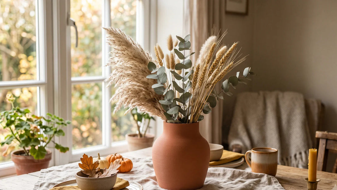 Centro de mesa de otoño con jarrón de PLA mate y flores secas