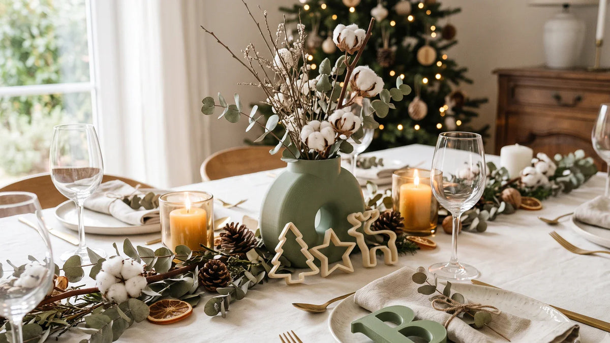 Mesa de Navidad personalizada con letras, jarrón y cortadores de PLA mate