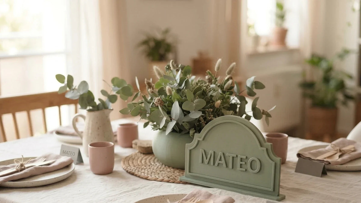 Decoración de comunión personalizada con el nombre en la mesa