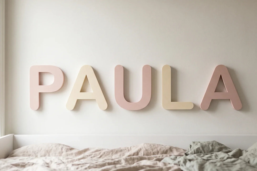 Nombre de niña en letras de PLA mate sobre la pared de una habitación infantil en tonos suaves