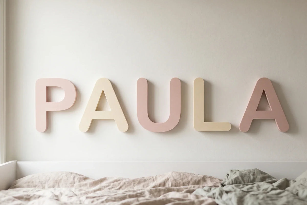 Nombre de niña en letras de PLA mate sobre la pared de una habitación infantil en tonos suaves