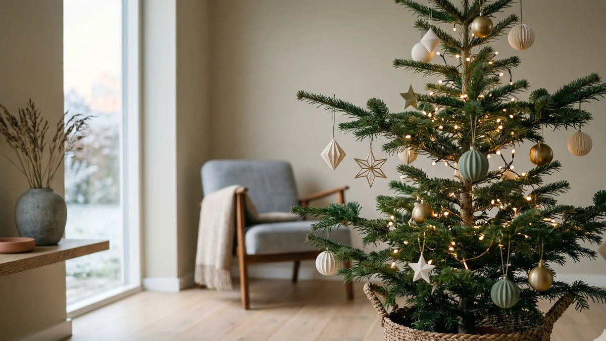 Salón decorado en Navidad con árbol nórdico, adornos personalizados y paleta blanco hueso, verde salvia y madera