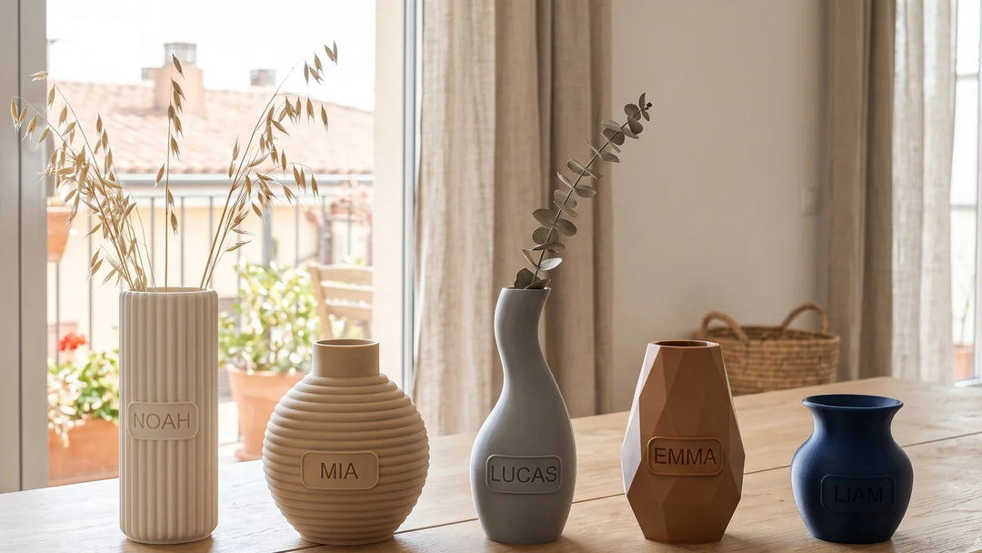 Cinco jarrones personalizados de PLA mate de formas y colores distintos alineados sobre una mesa de roble clara