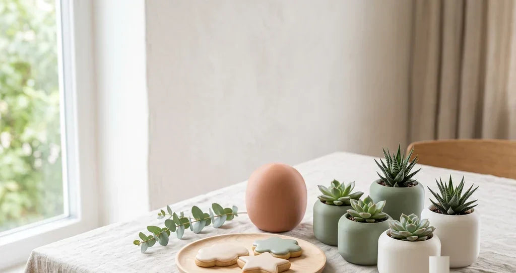 Rincón de detalles de bautizo con mini maceteros, galletas con forma de nube y estrella y una forma decorativa en blanco