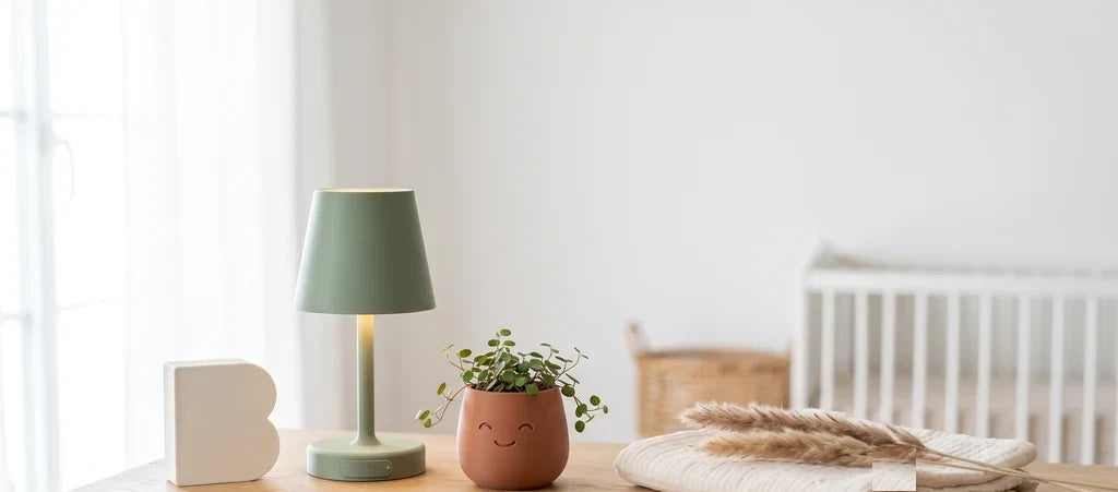 Regalos de bautizo de PLA mate (letra, lámpara y macetero) sobre una cómoda infantil