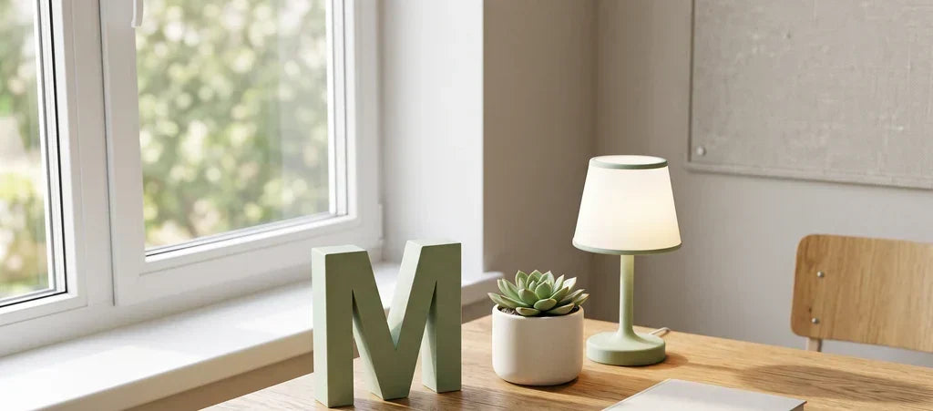 Rincón de mesa de profesor con letra decorativa, macetero con planta y lámpara de PLA mate junto a la ventana