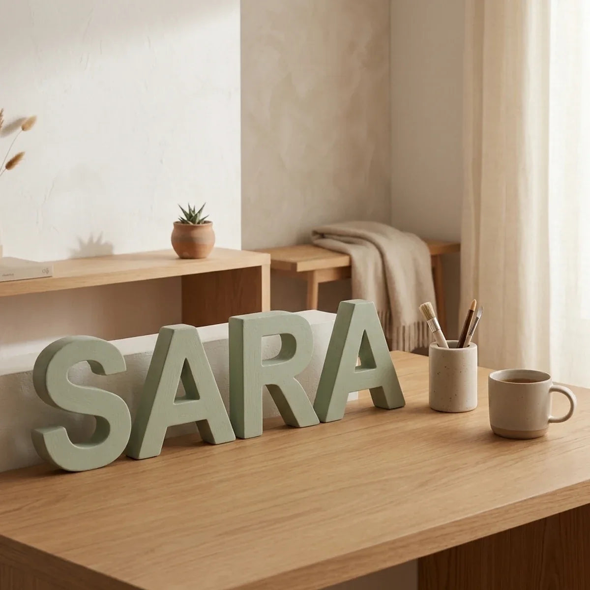 Letras decorativas personalizadas formando un nombre sobre un escritorio