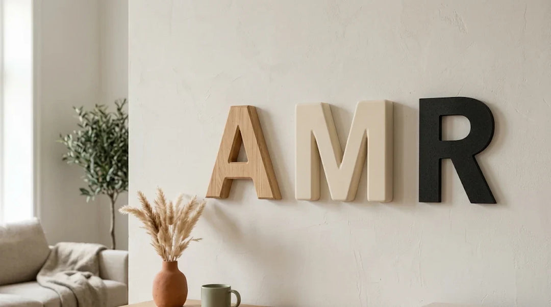 Letras decorativas de PLA mate comparadas con madera y vinilo