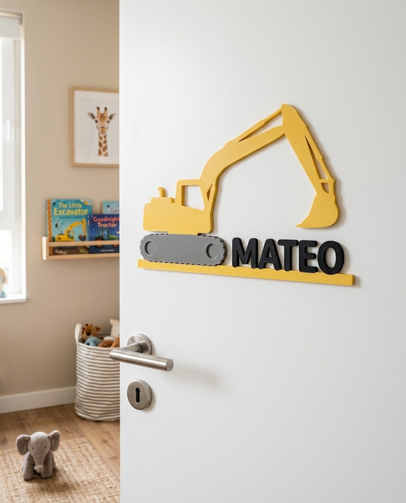 Placa con nombre para puerta infantil Excavadora