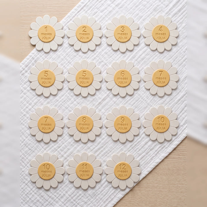 Set completo de tarjetas de cumplemes con forma de margarita y los doce meses sobre muselina blanca