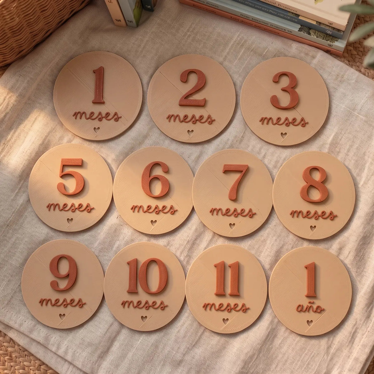 Cumplemés de doce tarjetas con el número en relieve en un segundo color y la palabra meses debajo