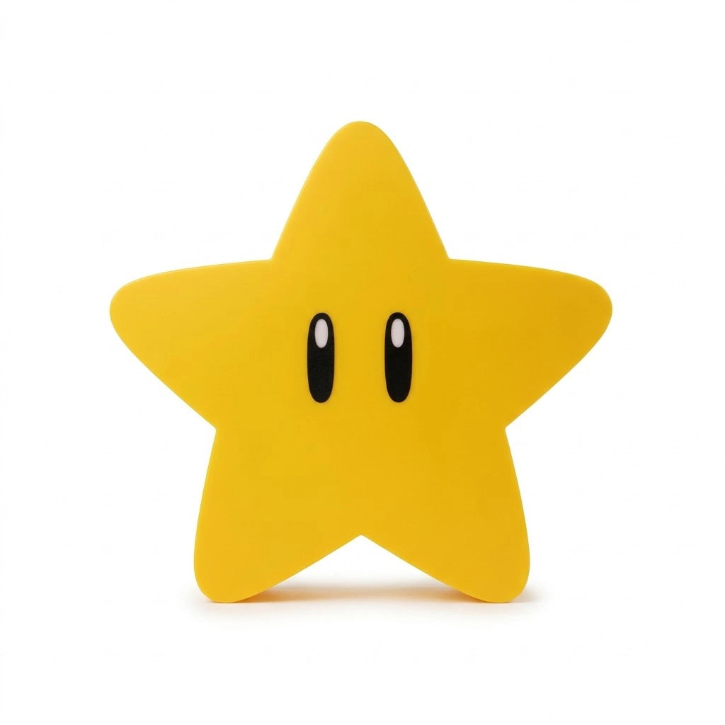Lámpara de estrella encendida con luz cálida en una mesita de noche de madera en una habitación infantil moderna.