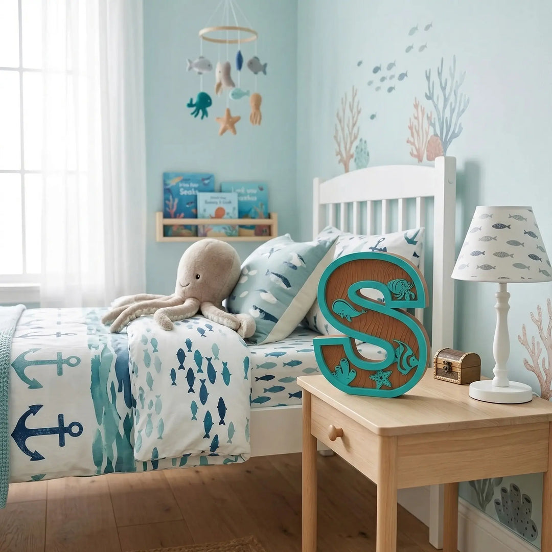 Letras decorativas infantiles con relieve marino, 5 alturas