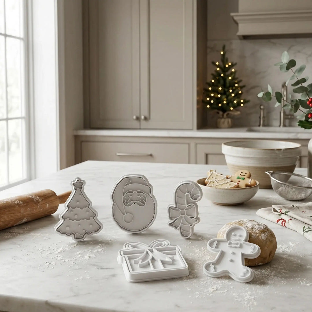 Set de 5 cortadores de galletas navideños en acabado blanco mate sobre encimera de mármol con ambiente de repostería.