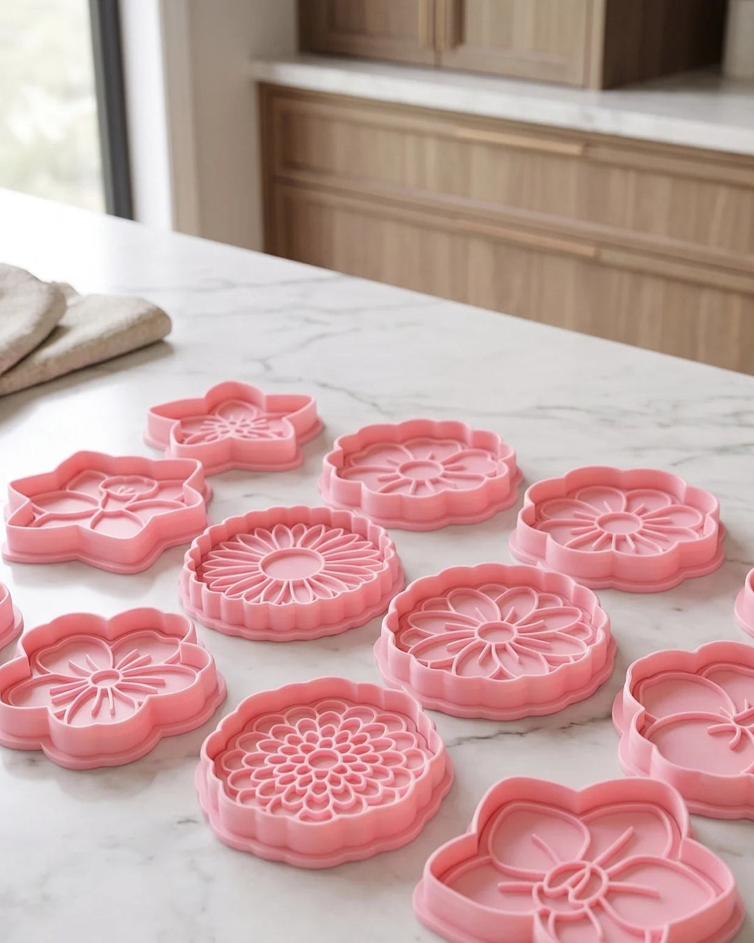Set de cortadores de galletas de flores en rosa sobre encimera de cocina.