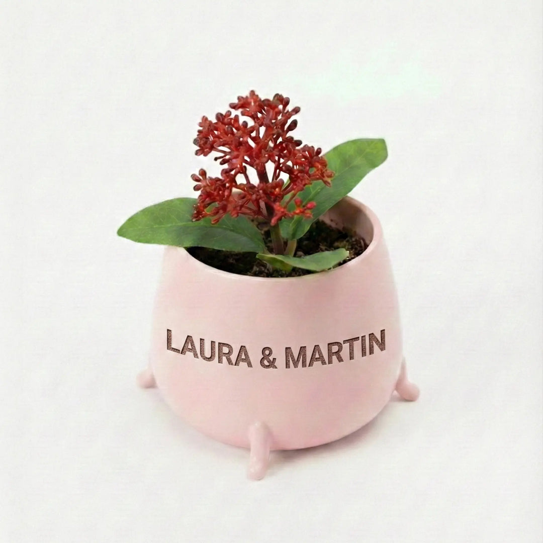 Maceta rosa con patas y cara sonriente personalizada con el texto &
