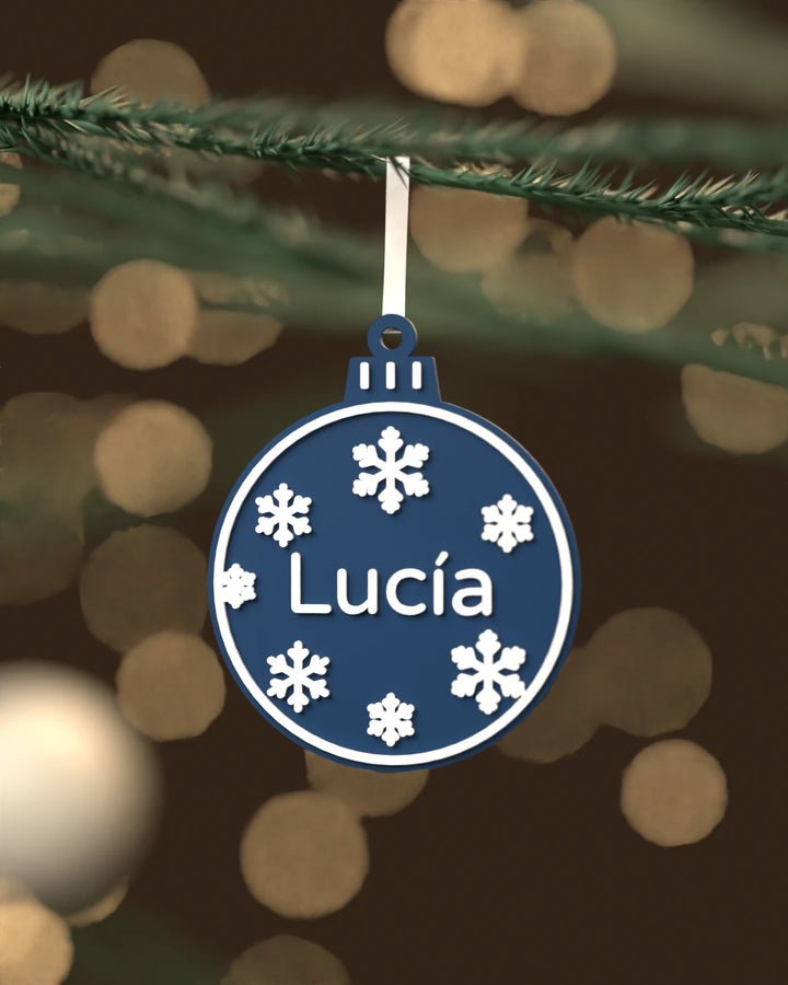 Bola de Navidad Copos con Nombre, adorno plano para el árbol