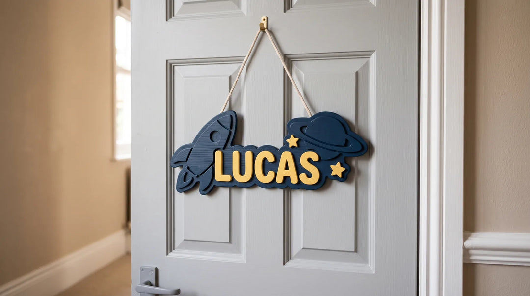 Cartel con nombre para puerta de habitación infantil con cohete y planeta y el nombre Lucas