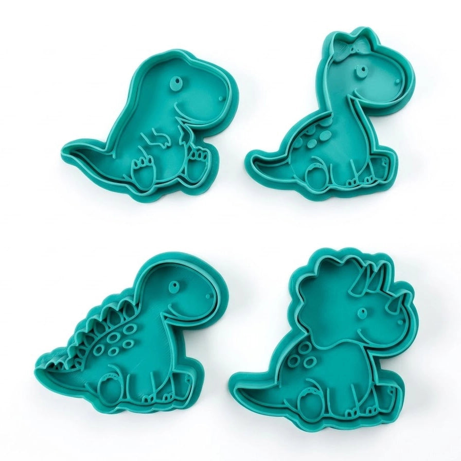 Enfoque en la precisión del relieve craneal y bisel de corte de un troquel de dinosaurio en polímero de alta densidad.