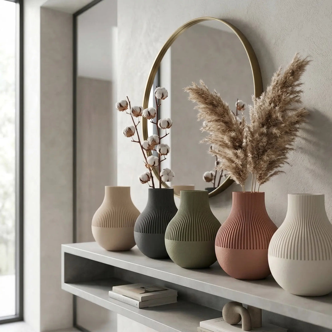 Jarrón de diseño sinuoso beige con silueta de burbujas apiladas en un salón contemporáneo luminoso.