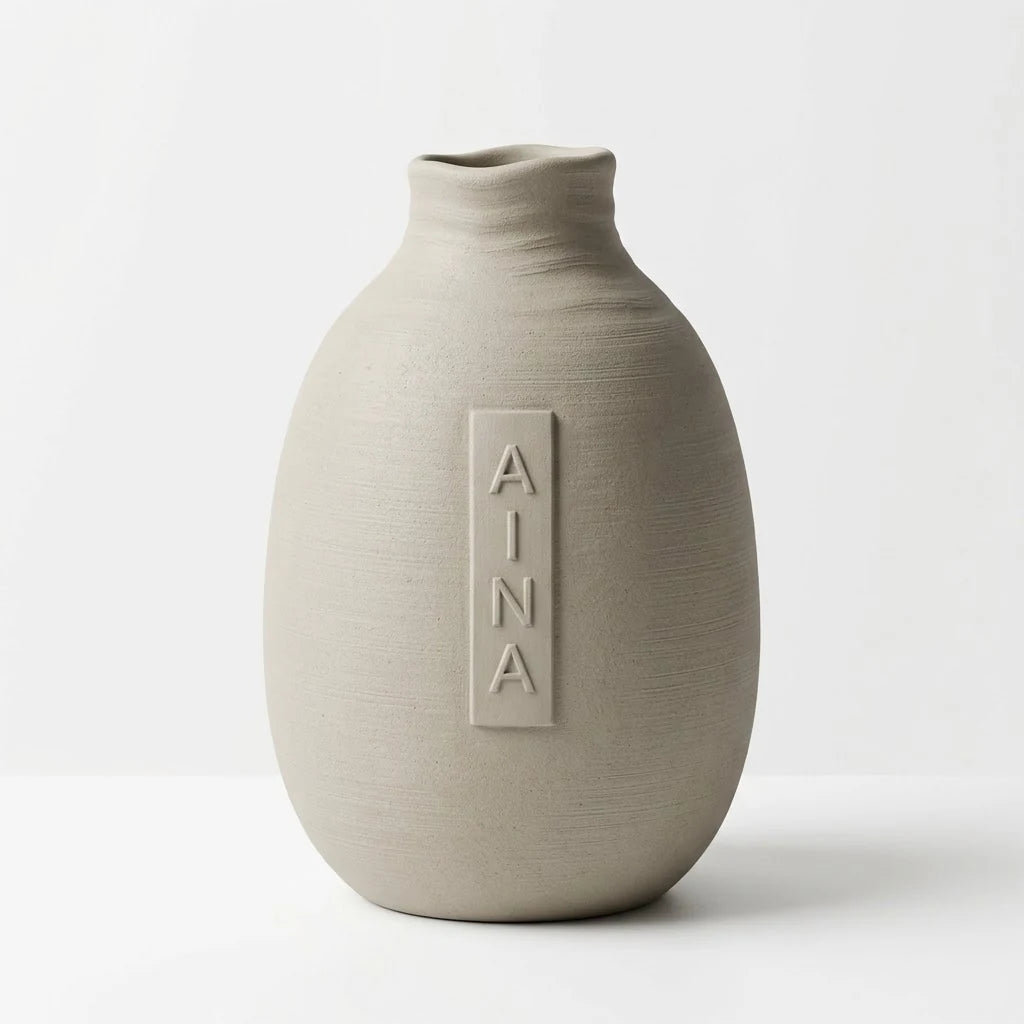 Jarrón Tanzaku con Nombre: botella orgánica color piedra con etiqueta vertical y el nombre AINA en relieve