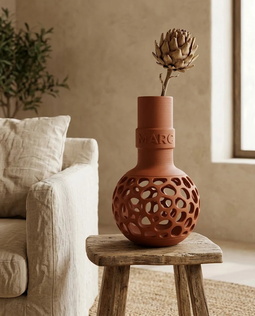 Jarrón Voronoi Bulbo con Nombre terracota con una flor seca de alcachofa en mesita junto a sillón de lino