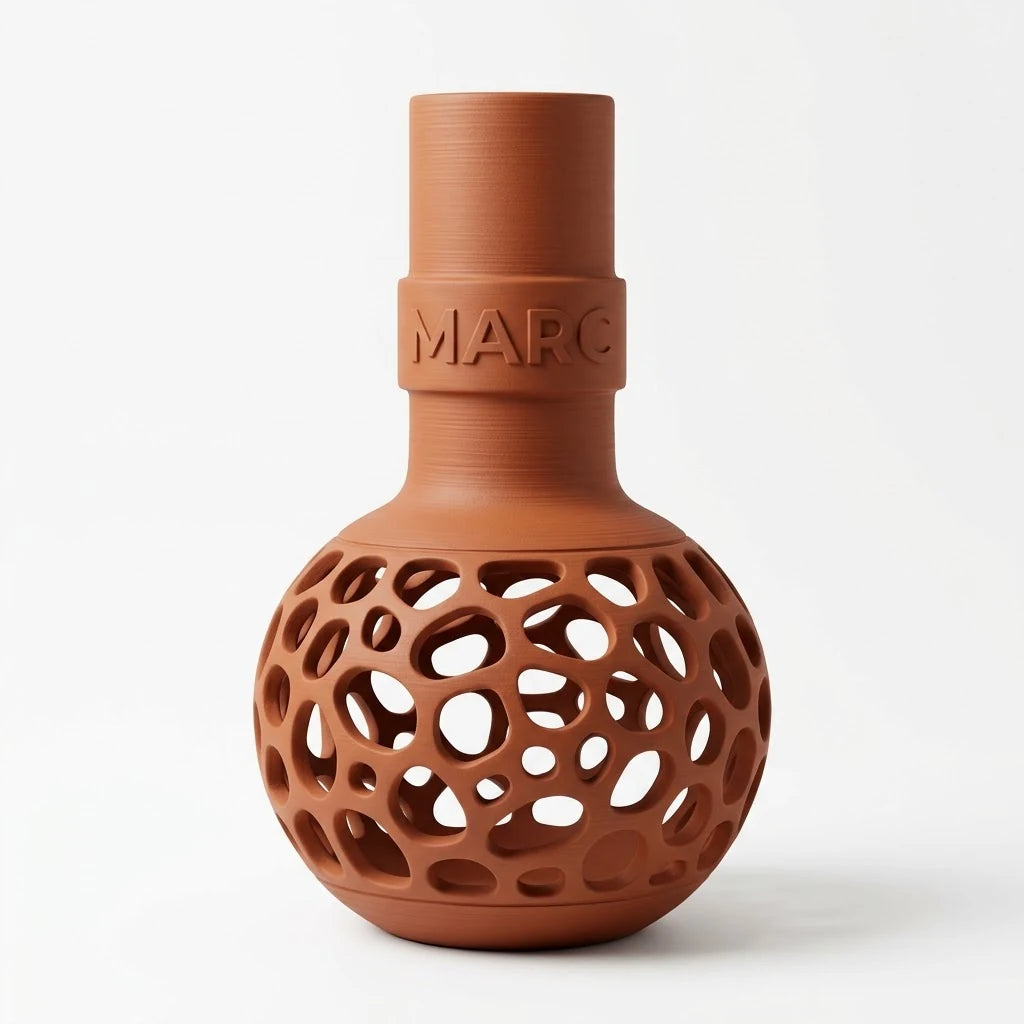 Jarrón Voronoi Bulbo con Nombre: botella terracota con vientre calado y el nombre MARC en relieve en el cuello