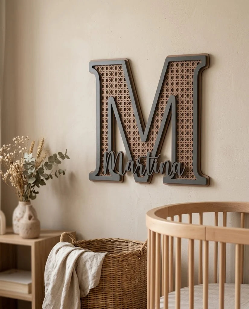 Letra M con el nombre Martina, patrón calado de ratán vienés en marrón latte y marco gris oscuro, colgada en una habitación de bebé boho junto a una cuna de madera