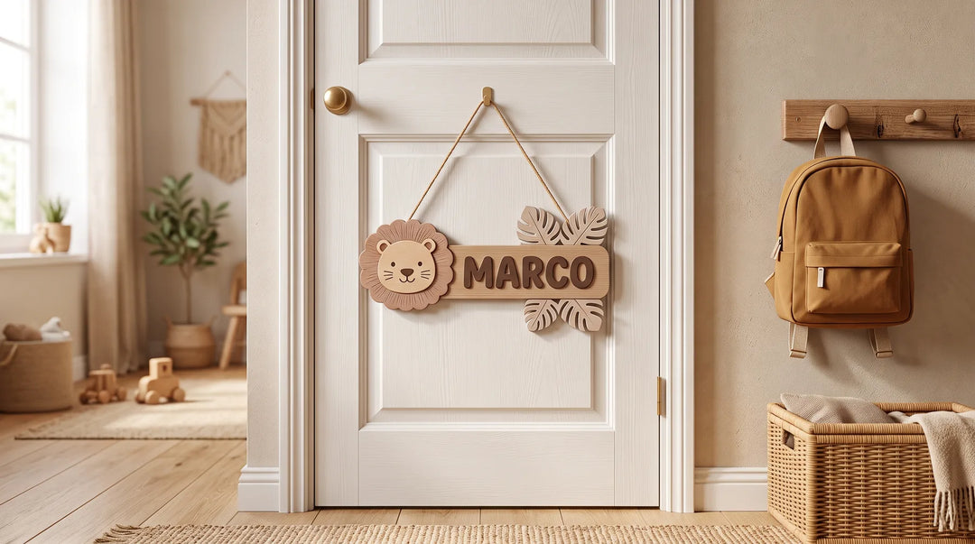 Letrero con nombre para la puerta de la habitación de un niño con león y el nombre Marco