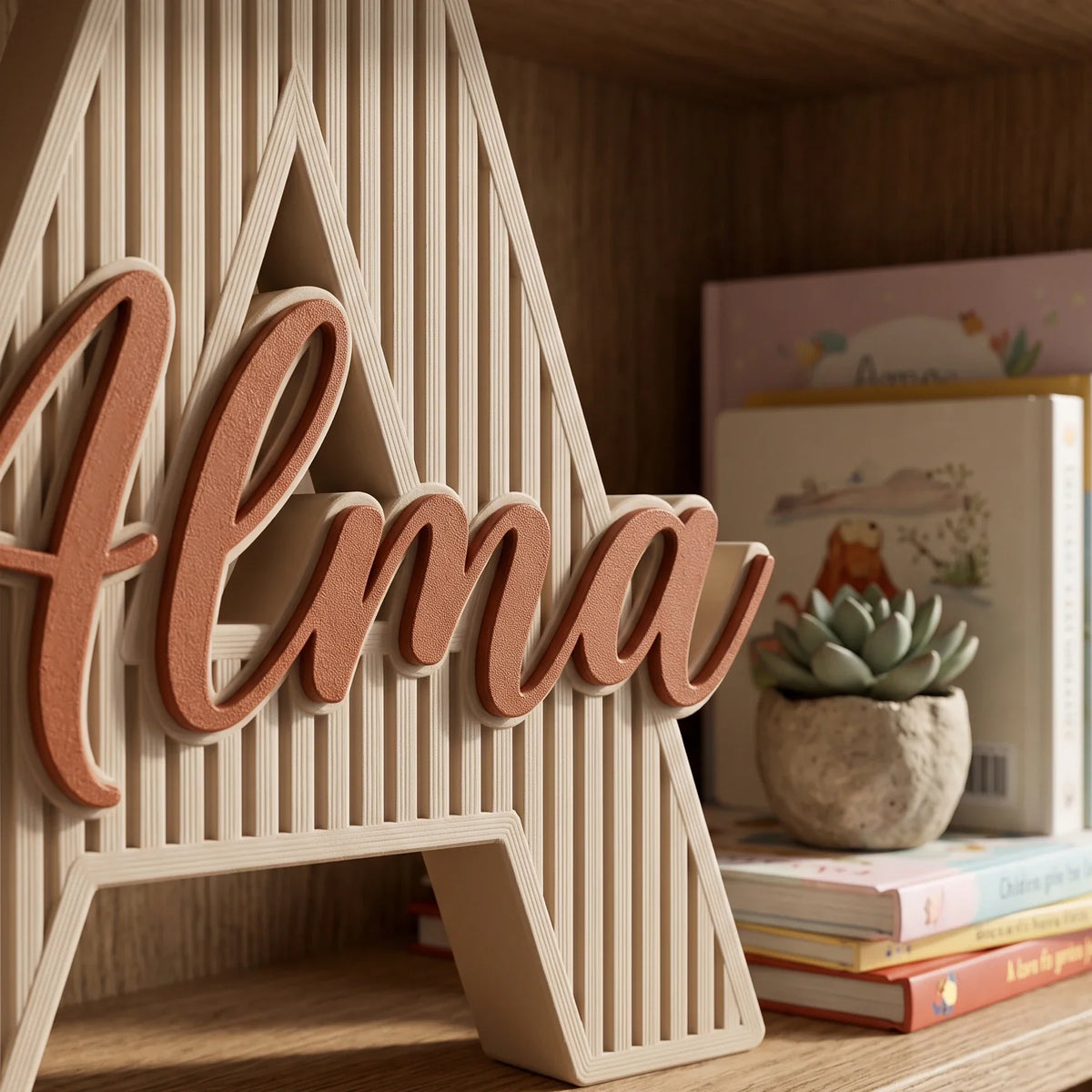 Letra A personalizada Acanalada en una estantería de roble con libros infantiles