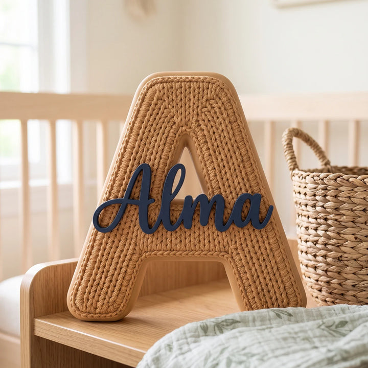 Letra A personalizada Punto de Lana en una balda de habitación de bebé