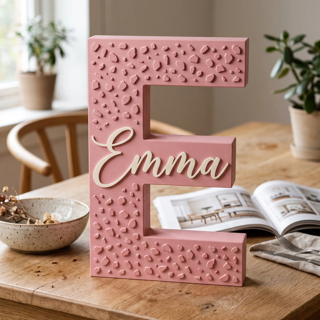 Letra E personalizada Terrazo con el nombre Emma en relieve sobre una mesa de comedor