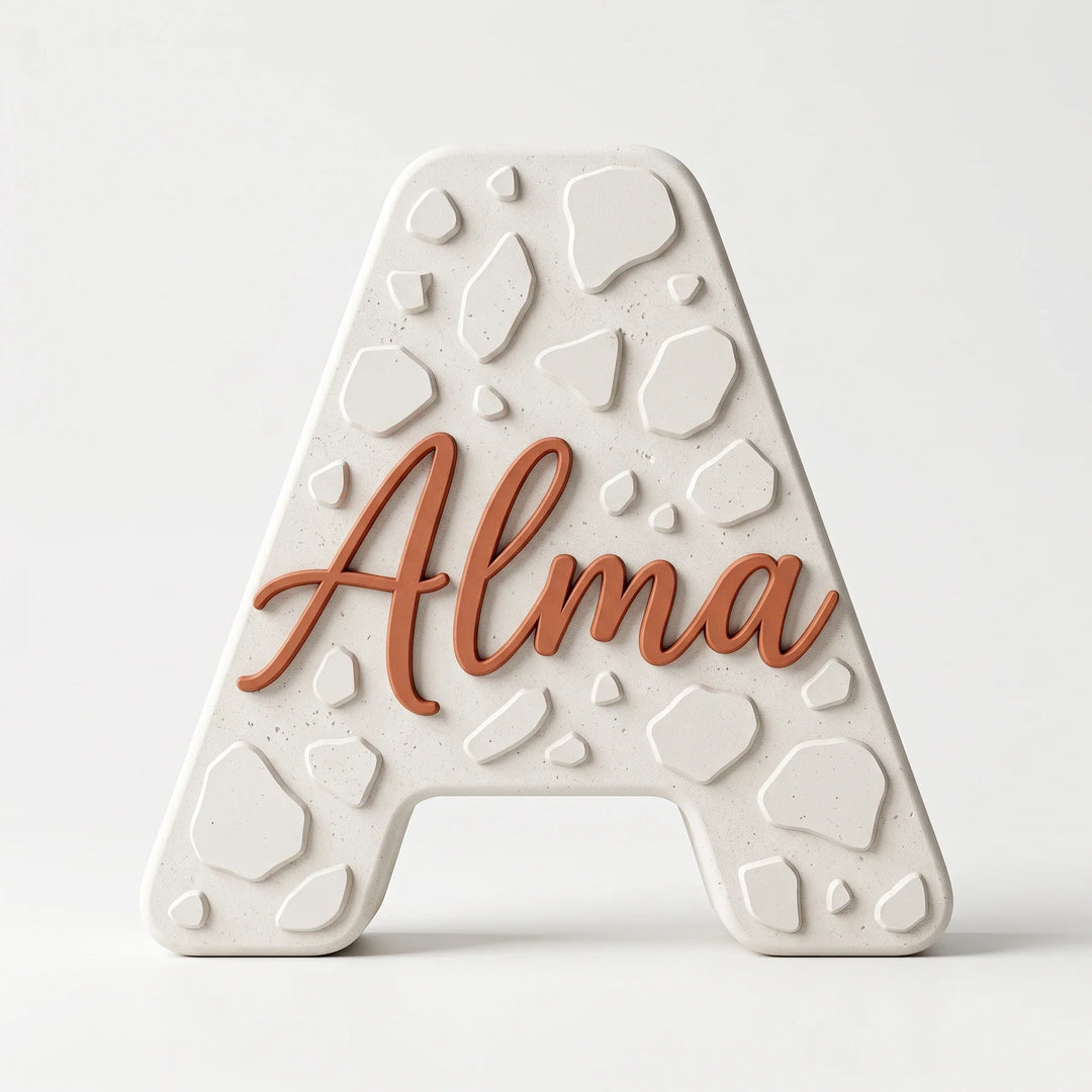 Letra A personalizada Terrazo con el nombre Alma en relieve, sobre fondo blanco