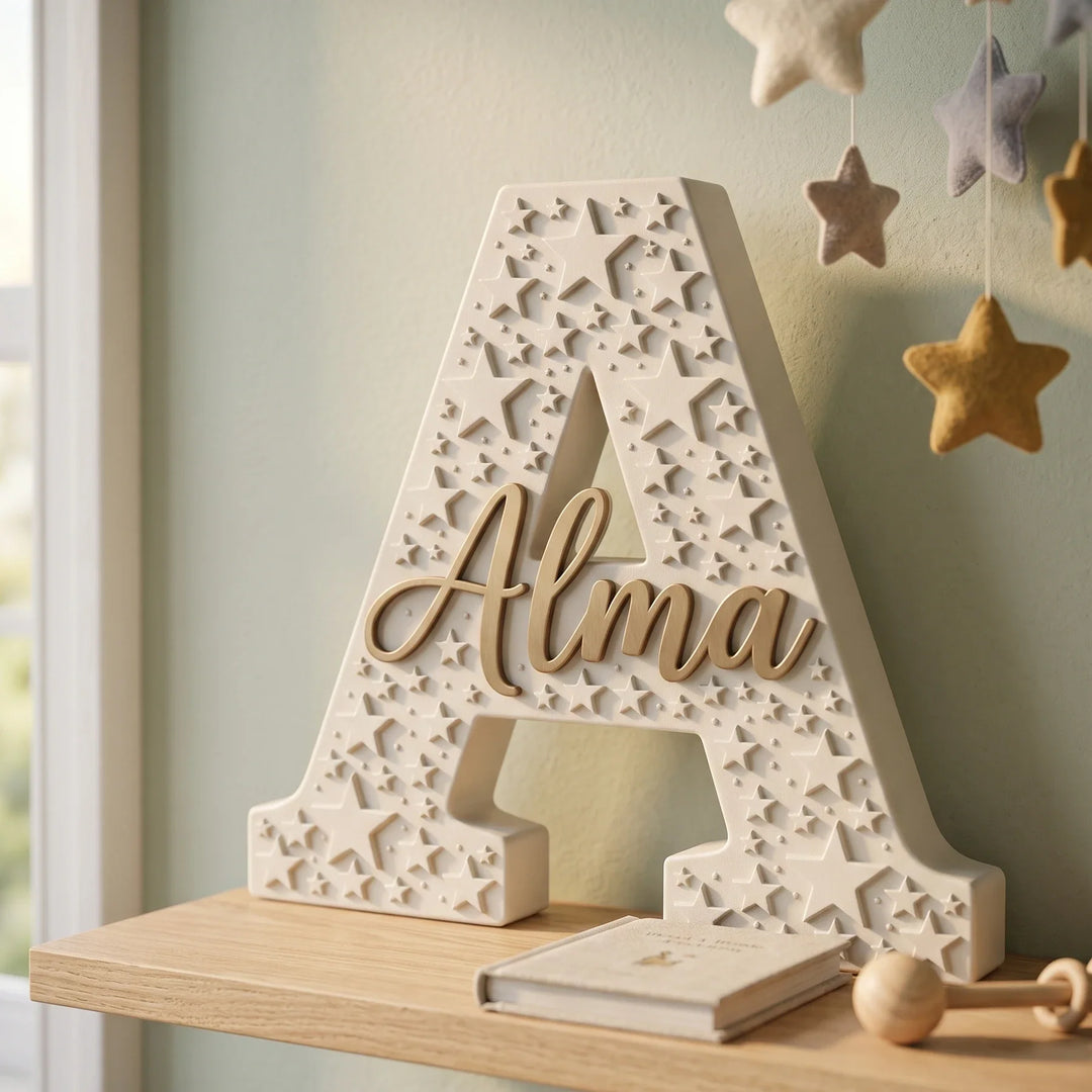 Letra A personalizada Estrellas en una balda con móvil de estrellas colgando