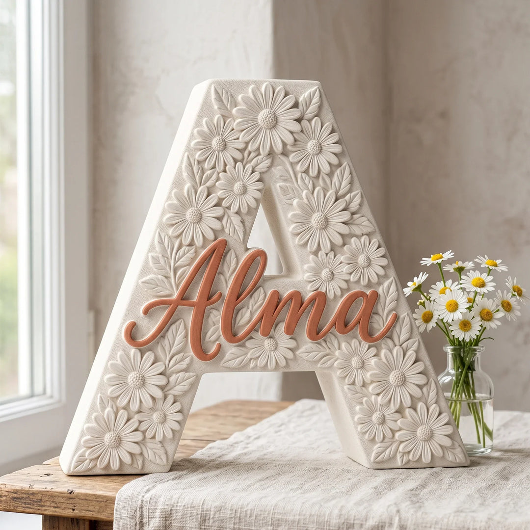 Letra A personalizada Margaritas junto a una ventana con margaritas frescas