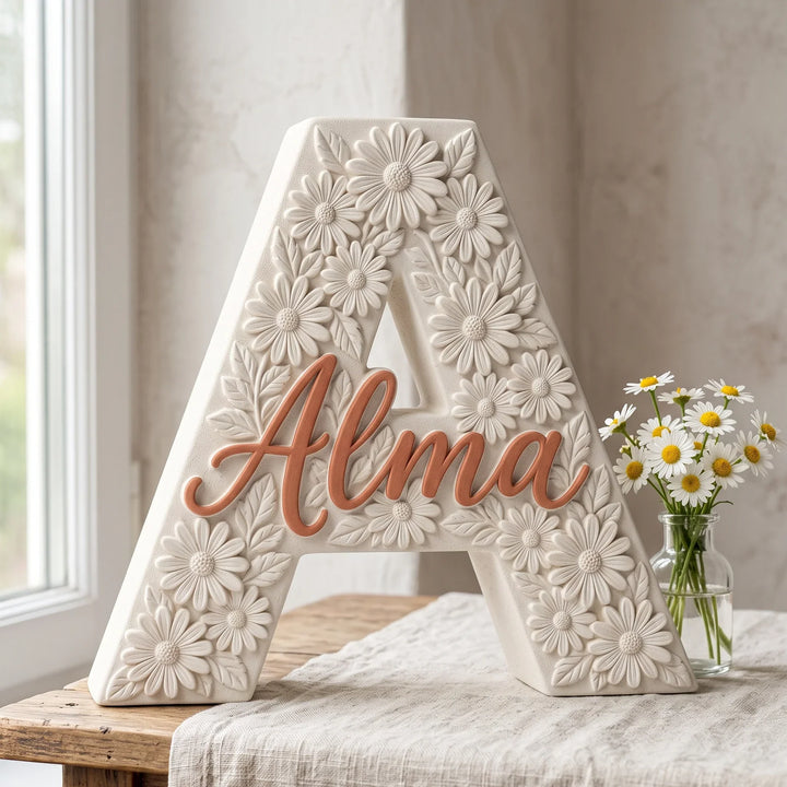 Letra A personalizada Margaritas junto a una ventana con margaritas frescas