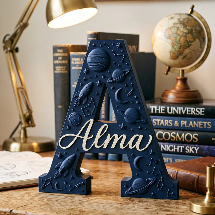 Letra A personalizada Espacio en un escritorio con libros de astronomía y globo terráqueo