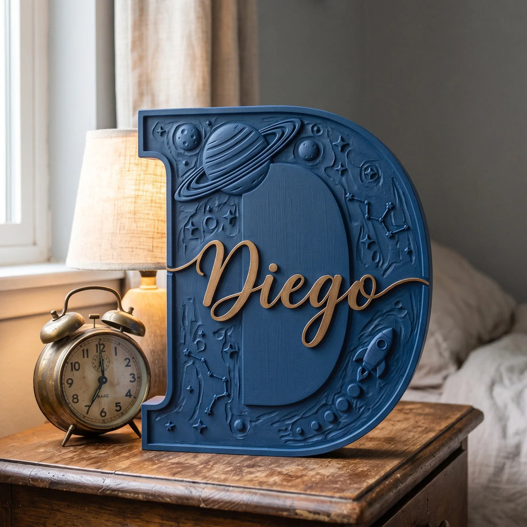 Letra D personalizada Espacio con el nombre Diego en relieve sobre una mesilla de noche