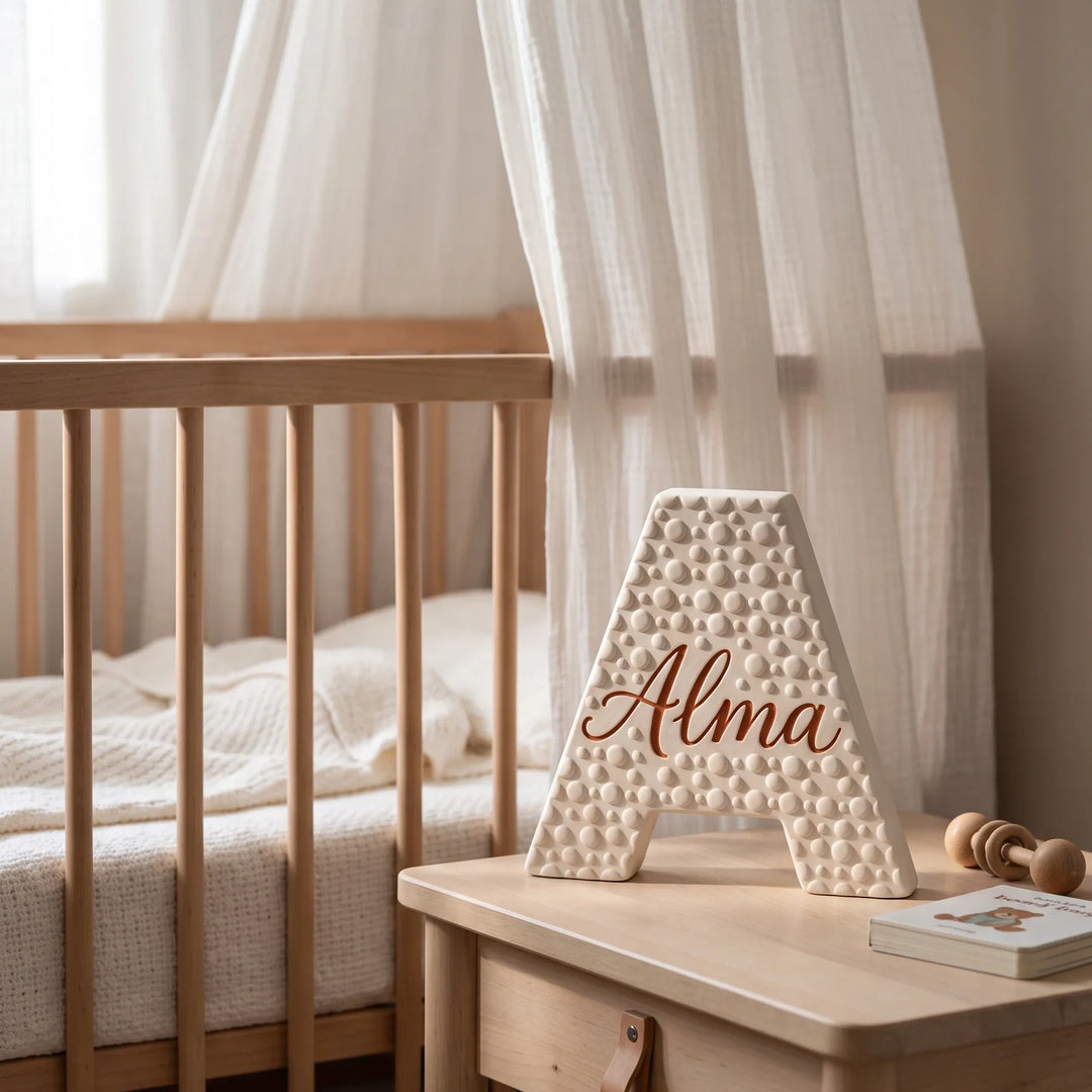 Letra A personalizada Lunares junto a una cuna con dosel