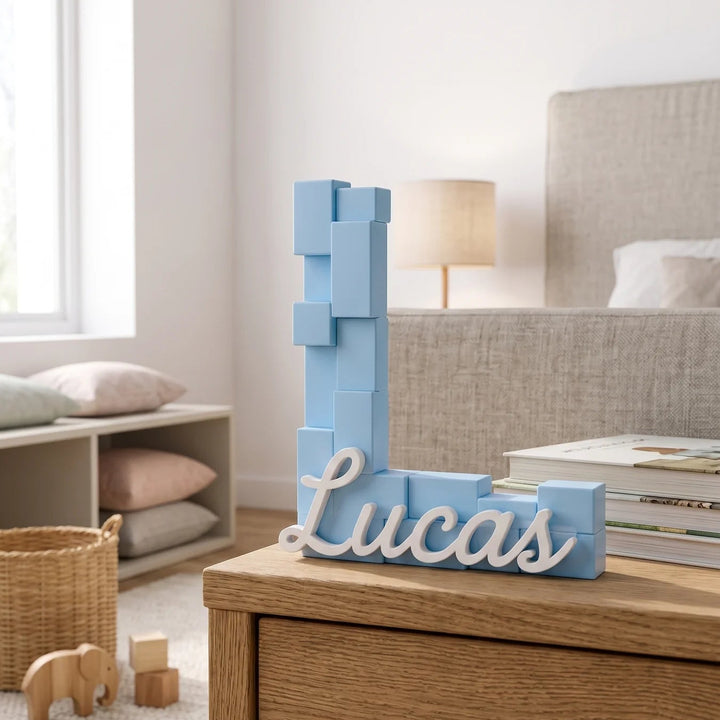 Letra L pixel azul con el nombre Lucas junto a una pila de libros en una habitación infantil