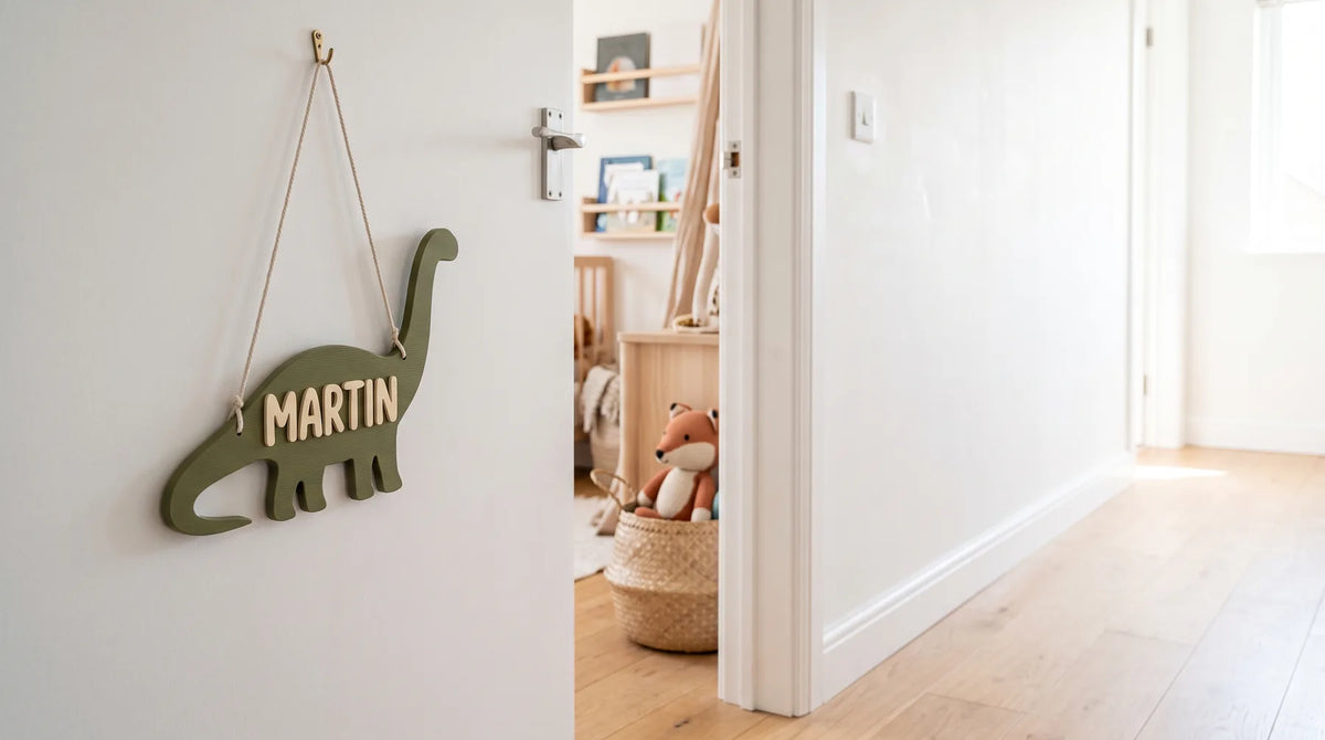 Nombre para puerta de habitación infantil: placa de dinosaurio verde con el nombre Martin junto a la puerta
