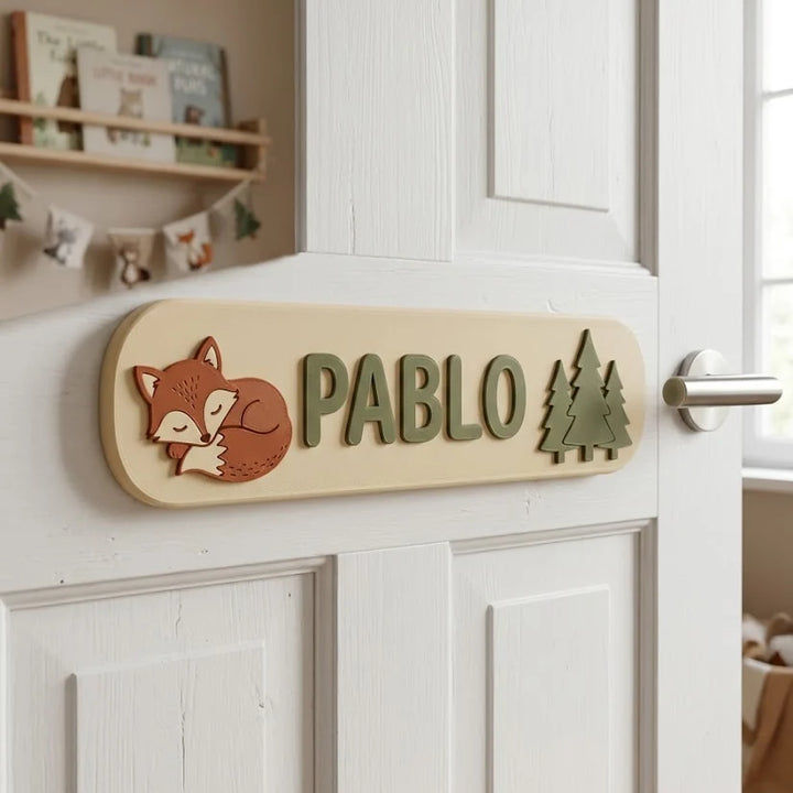 Placa con nombre para puerta infantil Bosque con zorro