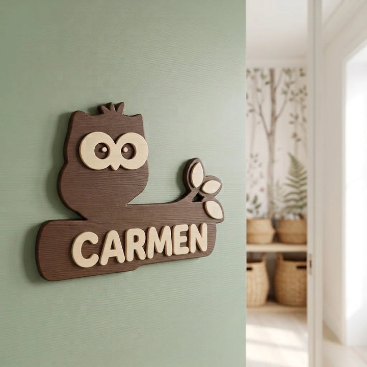 Placa con nombre para puerta infantil Búho en la rama con el nombre Carmen pegada en la puerta de la habitación