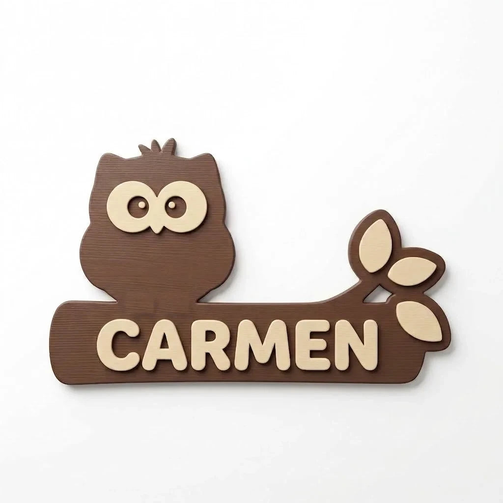 Placa con nombre para puerta infantil Búho en la rama con el nombre Carmen en relieve