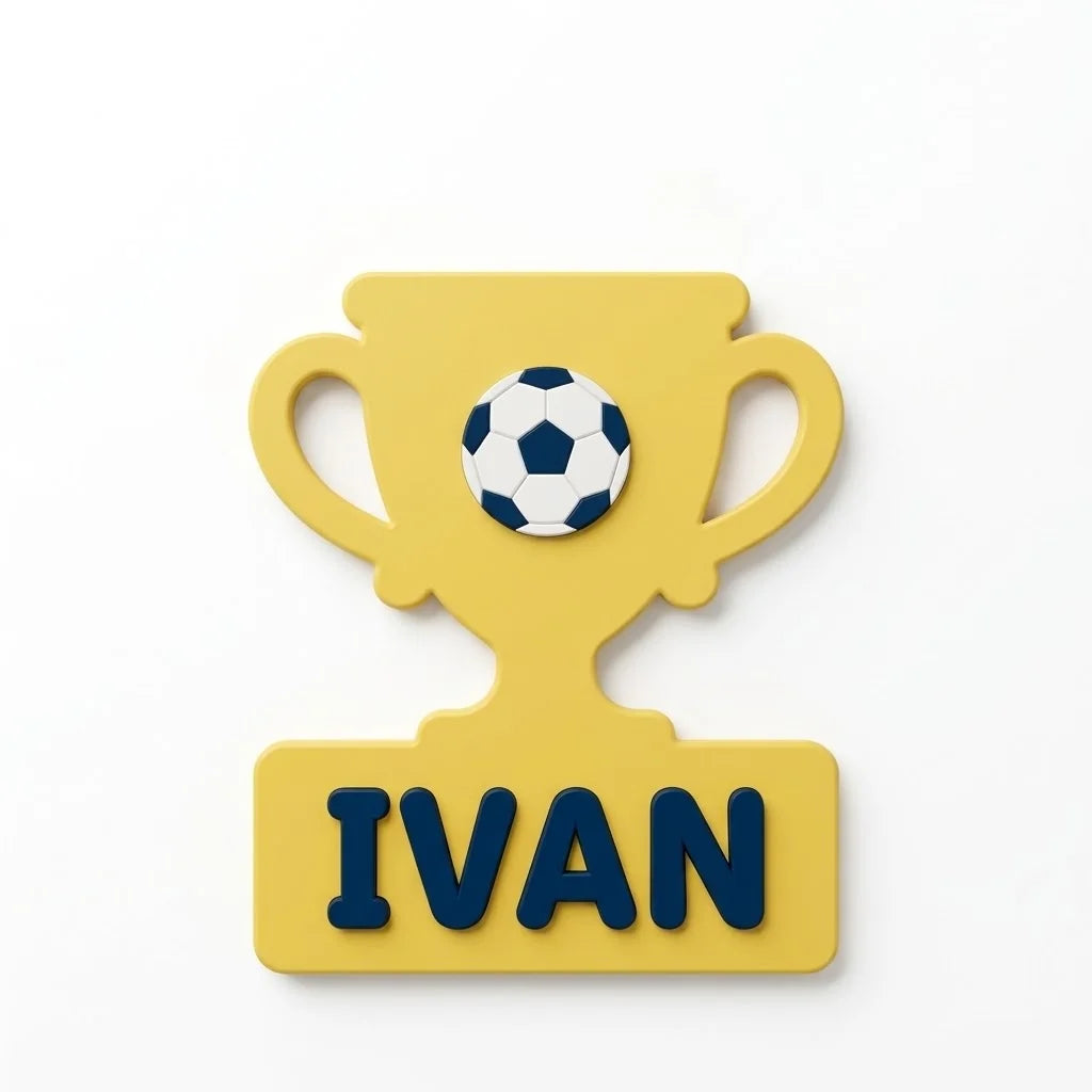 Placa con nombre para puerta infantil Copa de campeón con el nombre Ivan en relieve