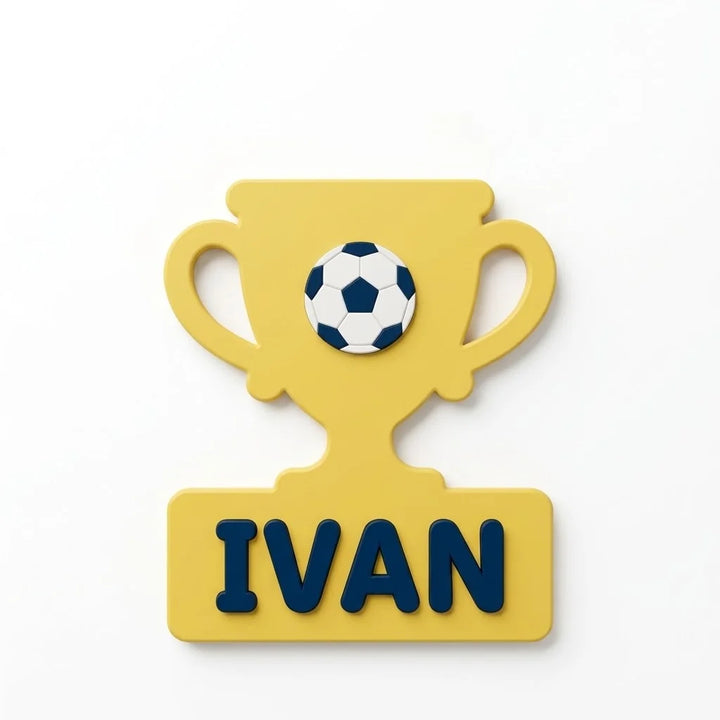 Placa con nombre para puerta infantil Copa de campeón con el nombre Ivan en relieve