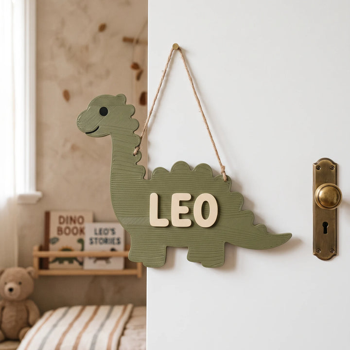 Placa con nombre para puerta infantil Dinosaurio en relieve